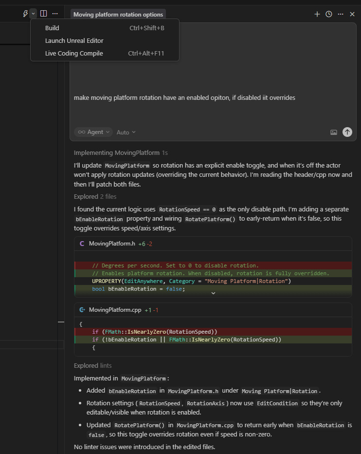 EngineLink title bar menu showing Build, Launch Unreal Editor, and Live Coding Compile with keybindings, alongside Cursor AI agent chat