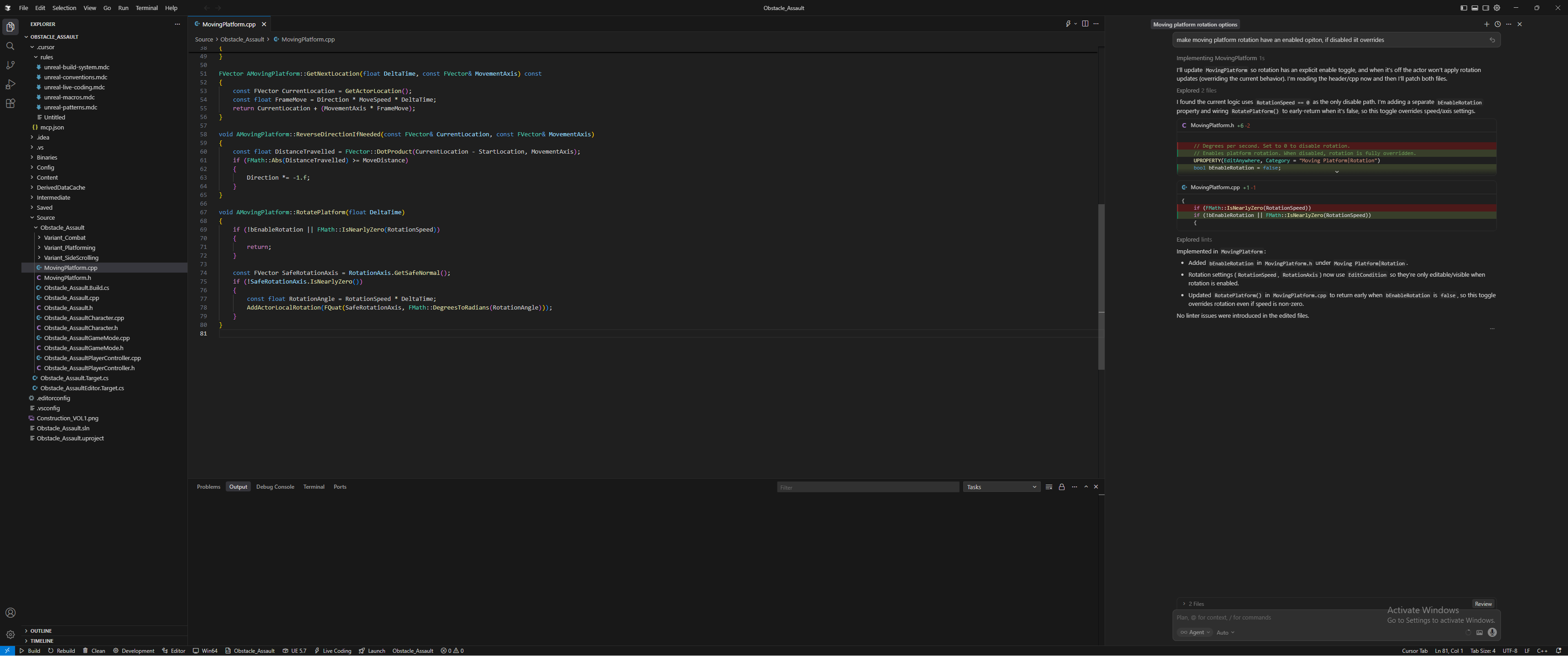 EngineLink running in Cursor — showing .cursor/rules in the file explorer, Unreal Engine C++ code in the editor, Cursor AI agent chat fixing code, and the EngineLink status bar