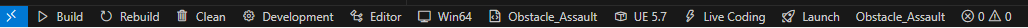 EngineLink status bar showing Build, Rebuild, Clean, Development, Editor, Win64, Obstacle_Assault, UE 5.7, Live Coding, Launch buttons